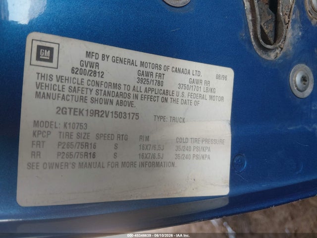 1997 Gmc Sierra 1500 Sl Sportside მანქანა იყიდება აუქციონზე, vin: 2GTEK19R2V1503175, აუქციონის ნომერი: 45346639