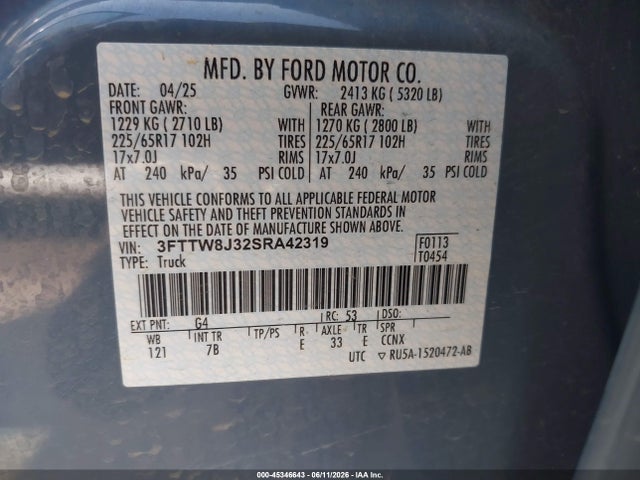 2025 Ford Maverick Xlt მანქანა იყიდება აუქციონზე, vin: 3FTTW8J32SRA42319, აუქციონის ნომერი: 45346643