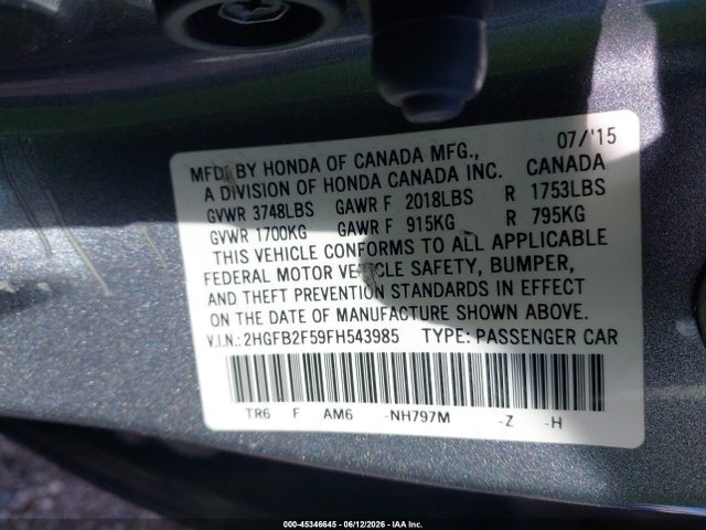 2015 Honda Civic Lx მანქანა იყიდება აუქციონზე, vin: 2HGFB2F59FH543985, აუქციონის ნომერი: 45346645