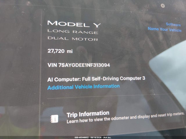 45346652 :رقم المزاد ، 7SAYGDEE1NF313094 vin ، 2022 Tesla Model Y Long Range Dual Motor All-wheel Drive مزاد بيع