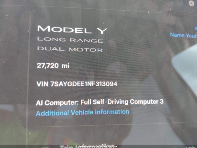 45346652 :رقم المزاد ، 7SAYGDEE1NF313094 vin ، 2022 Tesla Model Y Long Range Dual Motor All-wheel Drive مزاد بيع