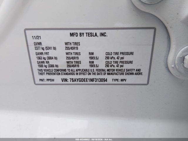 45346652 :رقم المزاد ، 7SAYGDEE1NF313094 vin ، 2022 Tesla Model Y Long Range Dual Motor All-wheel Drive مزاد بيع