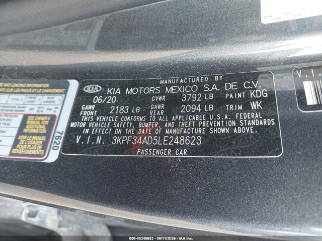 2020 Kia Forte Gt-line მანქანა იყიდება აუქციონზე, vin: 3KPF34AD5LE248623, აუქციონის ნომერი: 45346653