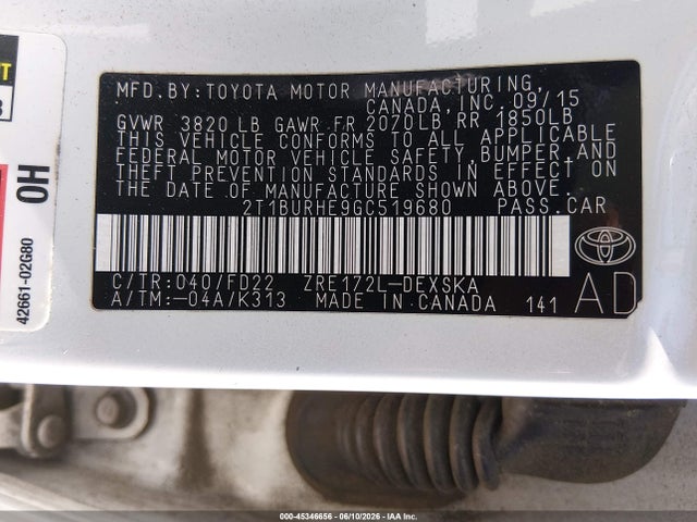 2016 Toyota Corolla S W/special Edition Pkg მანქანა იყიდება აუქციონზე, vin: 2T1BURHE9GC519680, აუქციონის ნომერი: 45346656