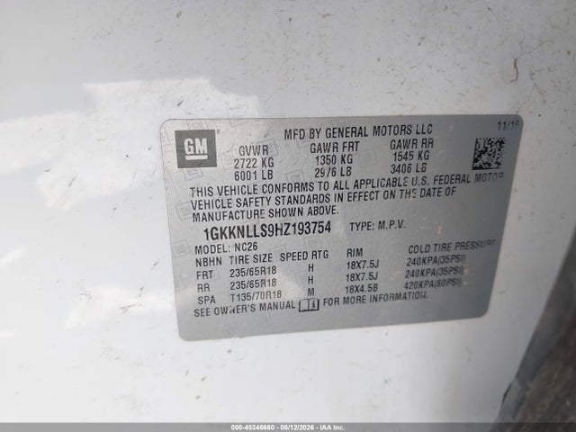 Продаж на аукціоні авто 2017 Gmc Acadia Sle-2, vin: 1GKKNLLS9HZ193754, номер лоту: 45346660