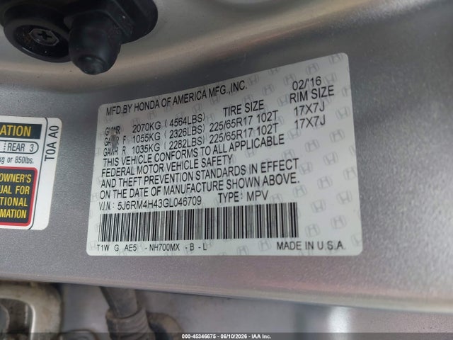 Aukcja sprzedaży 2016 Honda Cr-v Se, vin: 5J6RM4H43GL046709, numer aukcji: 45346675