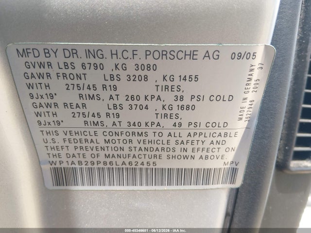 Продаж на аукціоні авто 2006 Porsche Cayenne S/s Titanium Edition, vin: WP1AB29P86LA62455, номер лоту: 45346681