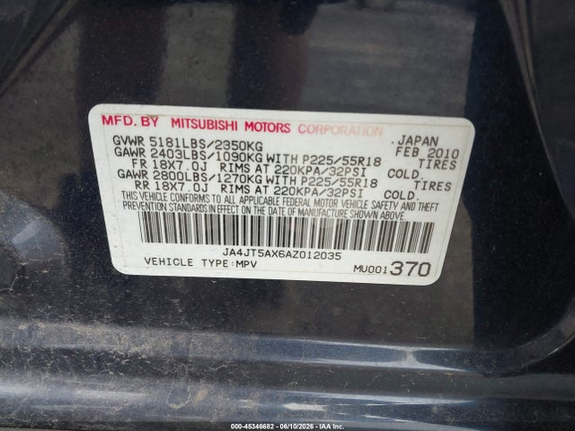 Aukcja sprzedaży 2010 Mitsubishi Outlander Gt, vin: JA4JT5AX6AZ012035, numer aukcji: 45346682