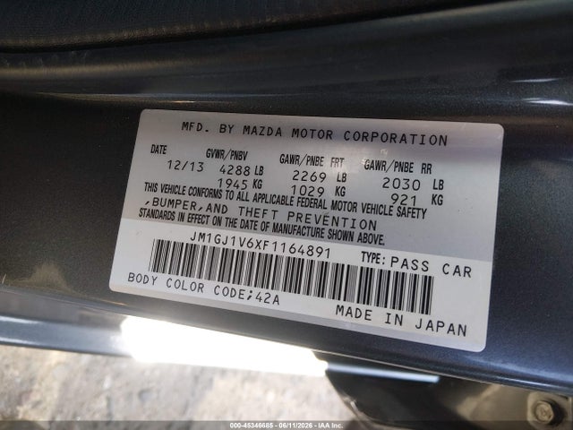 45346685 :رقم المزاد ، JM1GJ1V6XF1164891 vin ، 2015 Mazda Mazda6 I Touring مزاد بيع