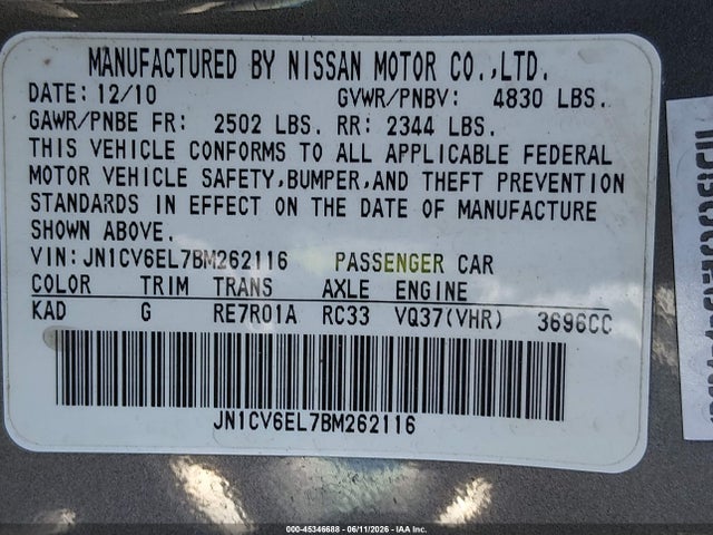Продаж на аукціоні авто 2011 Infiniti G37x, vin: JN1CV6EL7BM262116, номер лоту: 45346688