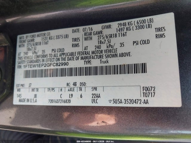45346695 :رقم المزاد ، 1FTEW1EP2GFC82990 vin ، 2016 Ford F-150 Xlt مزاد بيع