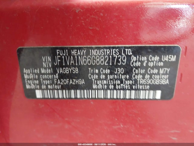 Продаж на аукціоні авто 2016 Subaru Wrx Limited, vin: JF1VA1N66G8821739, номер лоту: 45346698