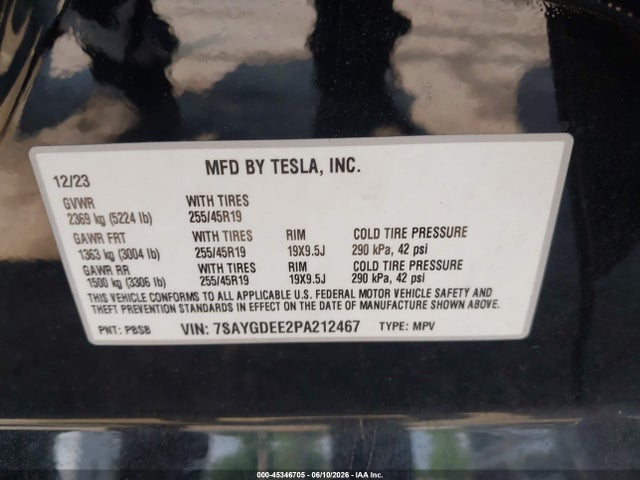 45346705 :رقم المزاد ، 7SAYGDEE2PA212467 vin ، 2023 Tesla Model Y Awd/long Range Dual Motor All-wheel Drive مزاد بيع
