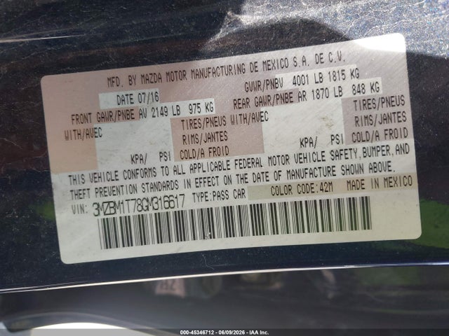 Aukcja sprzedaży 2016 Mazda Mazda3 I Sport, vin: 3MZBM1T78GM316617, numer aukcji: 45346712