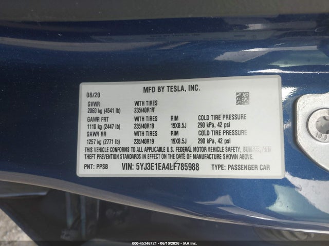 Продажа на аукционе авто 2020 Tesla Model 3 Standard Range Plus Rear-wheel Drive/standard Range Rear-wheel Drive, vin: 5YJ3E1EA4LF785988, номер лота: 45346721