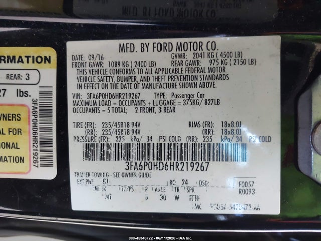 Ford FUSION SE 2017 3FA6P0HD6HR219267 Image 9