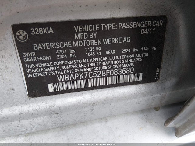 2011 Bmw 328i Xdrive მანქანა იყიდება აუქციონზე, vin: WBAPK7C52BF083680, აუქციონის ნომერი: 45346729