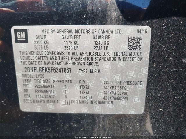 2GNFLGEK5F6347867 Chevrolet EQUINOX LT