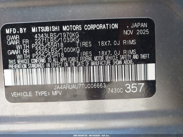 2026 Mitsubishi Outlander Sport 2.0 Es/2.0 Le/2.0 Ralliart/2.0 S/2.0 Se/2.0 Trail Edition მანქანა იყიდება აუქციონზე, vin: JA4ARUAU7TU006663, აუქციონის ნომერი: 45346738