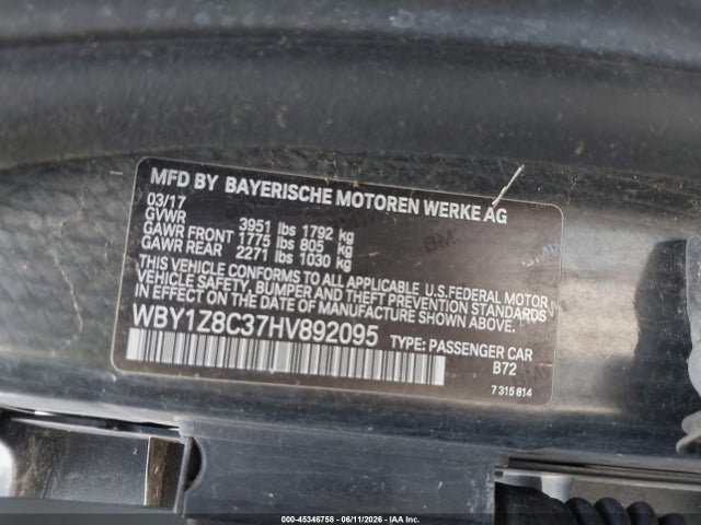 Продажа на аукционе авто 2017 Bmw I3 94 Ah W/range Extender, vin: WBY1Z8C37HV892095, номер лота: 45346758