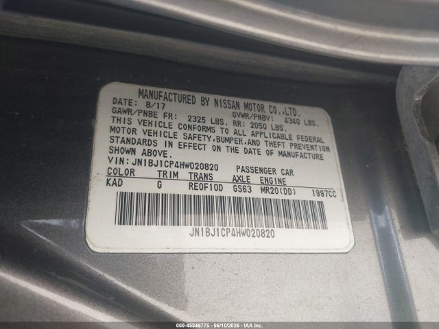 Aukcja sprzedaży 2017 Nissan Rogue Sport S, vin: JN1BJ1CP4HW020820, numer aukcji: 45346775