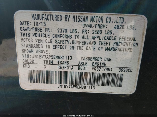 2014 Infiniti Q50 Premium მანქანა იყიდება აუქციონზე, vin: JN1BV7AP5EM681113, აუქციონის ნომერი: 45346782