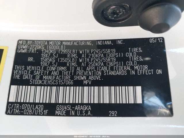 Aukcja sprzedaży 2012 Toyota Highlander Limited V6, vin: 5TDDK3EH5CS157066, numer aukcji: 45346787
