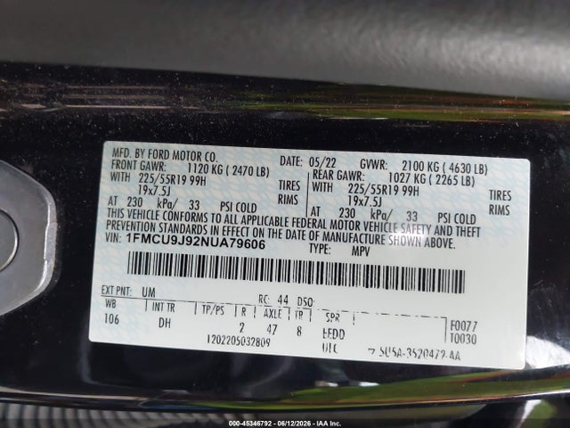 45346792 :رقم المزاد ، 1FMCU9J92NUA79606 vin ، 2022 Ford Escape Titanium مزاد بيع