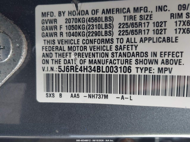 2011 Honda Cr-v Lx მანქანა იყიდება აუქციონზე, vin: 5J6RE4H34BL003106, აუქციონის ნომერი: 45346812