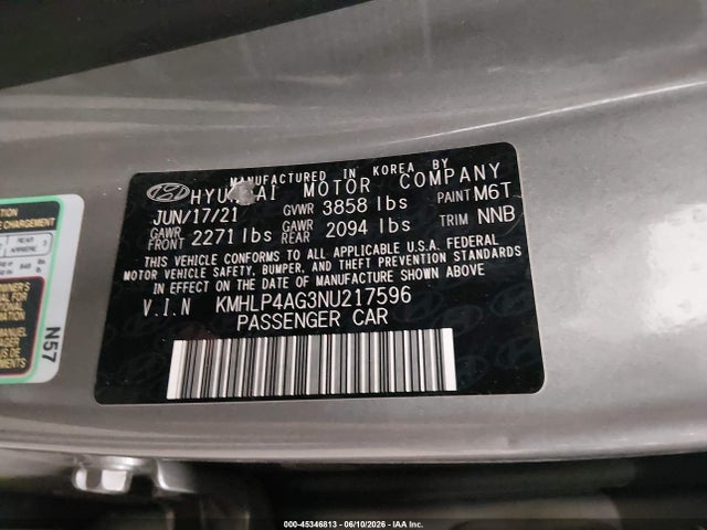 Aukcja sprzedaży 2022 Hyundai Elantra Limited, vin: KMHLP4AG3NU217596, numer aukcji: 45346813