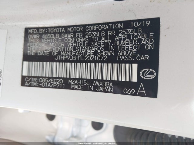 45346861 :رقم المزاد ، JTHP9JBH1L2021072 vin ، 2020 Lexus Ux 250h مزاد بيع