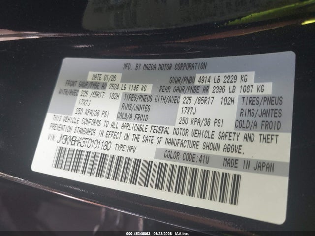 Aukcja sprzedaży 2026 Mazda Cx-5 2.5 S Select, vin: JM3KMBHA3T0101180, numer aukcji: 45346863