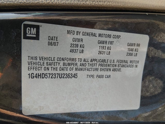 45346867 :رقم المزاد ، 1G4HD57237U236345 vin ، 2007 Buick Lucerne Cxl مزاد بيع