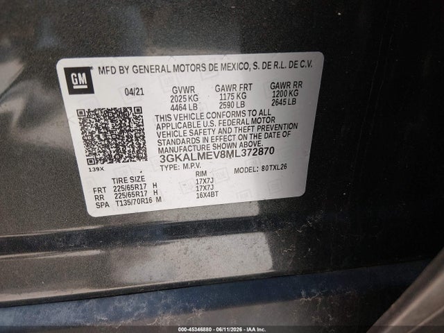 Aukcja sprzedaży 2021 Gmc Terrain Fwd Sle, vin: 3GKALMEV8ML372870, numer aukcji: 45346880
