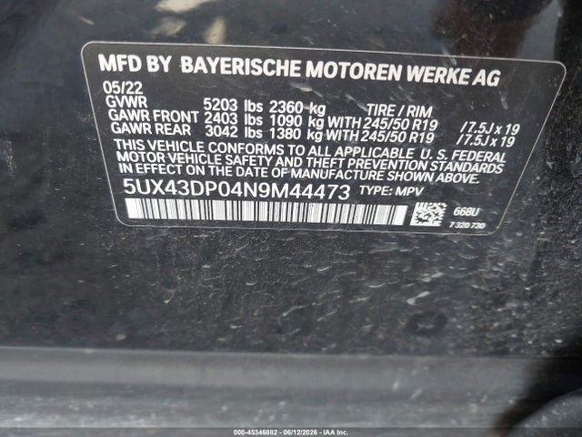 2022 Bmw X3 Sdrive30i მანქანა იყიდება აუქციონზე, vin: 5UX43DP04N9M44473, აუქციონის ნომერი: 45346882