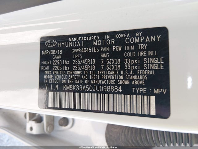 Aukcja sprzedaży 2018 Hyundai Kona Limited, vin: KM8K33A50JU098884, numer aukcji: 45346907