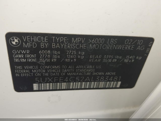 45346934 :رقم المزاد ، 5UXFE4C52AL383481 vin ، 2010 Bmw X5 Xdrive30i مزاد بيع