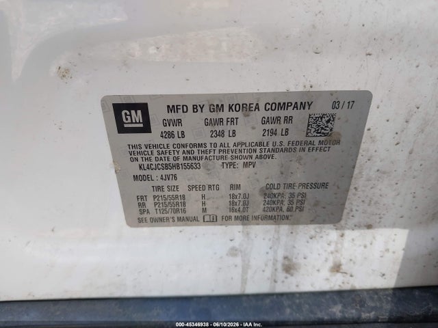 Aukcja sprzedaży 2017 Buick Encore Essence, vin: KL4CJCSB5HB155633, numer aukcji: 45346938