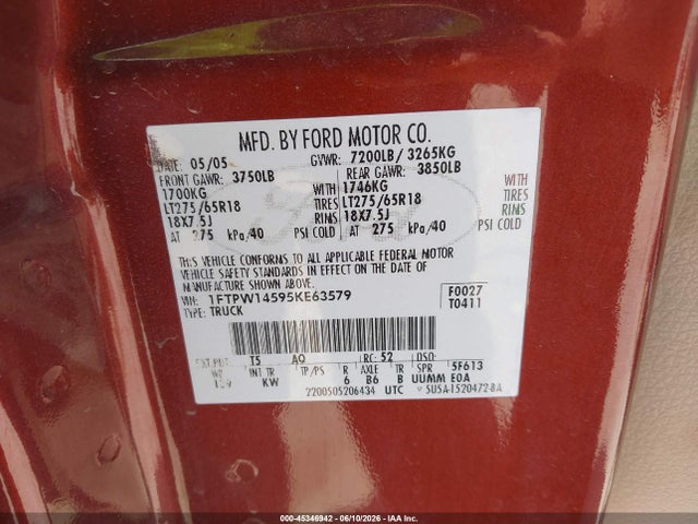 Aukcja sprzedaży 2005 Ford F-150 Fx4/lariat/xlt, vin: 1FTPW14595KE63579, numer aukcji: 45346942