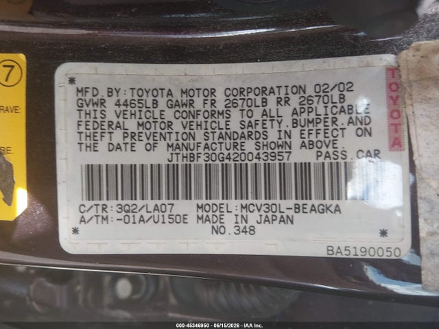 45346950 :رقم المزاد ، JTHBF30G420043957 vin ، 2002 Lexus Es 300 مزاد بيع