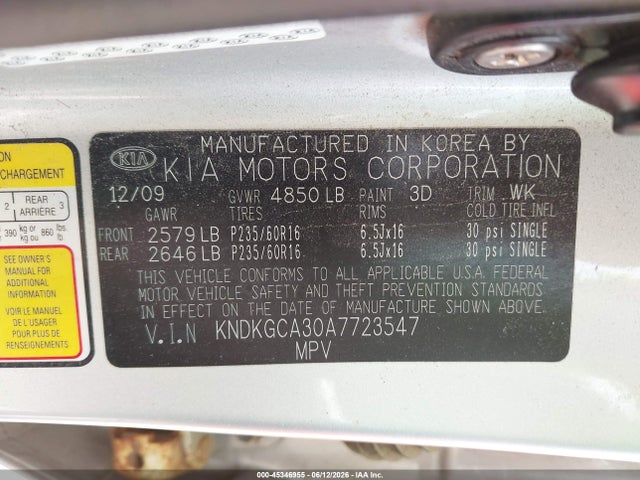 Aukcja sprzedaży 2010 Kia Sportage Lx V6, vin: KNDKGCA30A7723547, numer aukcji: 45346955