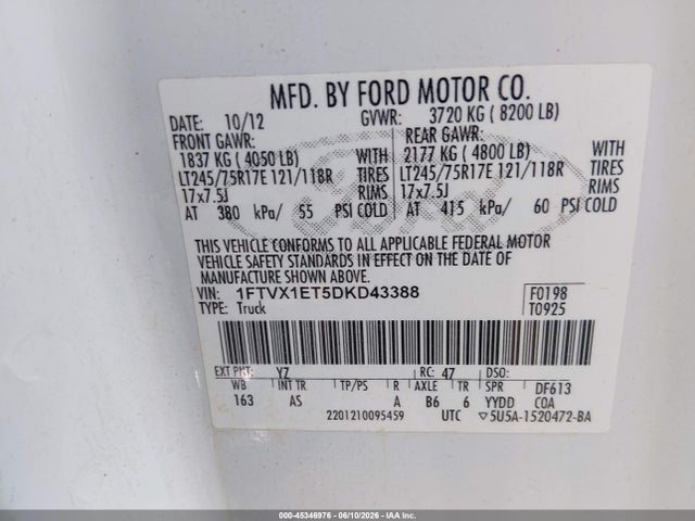 Продажа на аукционе авто 2013 Ford F-150 Xl W/hd Payload Pkg, vin: 1FTVX1ET5DKD43388, номер лота: 45346976