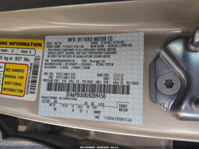3FA6P0UU8JR209450 Ford Fusion Hybrid S