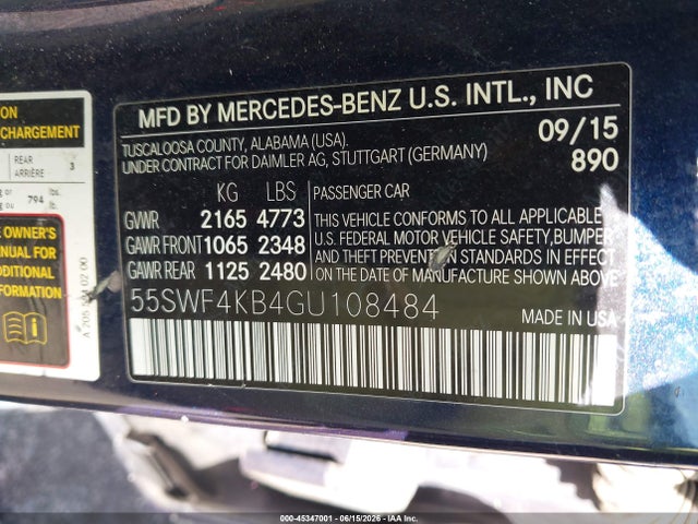 Aukcja sprzedaży 2016 Mercedes-benz C 300 4matic, vin: 55SWF4KB4GU108484, numer aukcji: 45347001