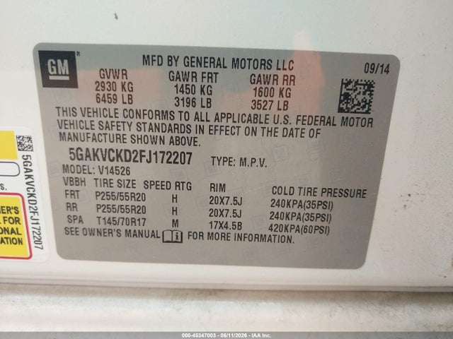 Aukcja sprzedaży 2015 Buick Enclave Premium, vin: 5GAKVCKD2FJ172207, numer aukcji: 45347003