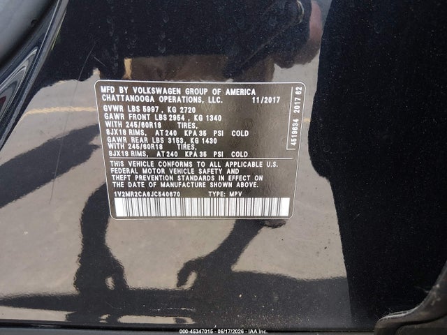 2018 Volkswagen Atlas 3.6l V6 Sel მანქანა იყიდება აუქციონზე, vin: 1V2MR2CA6JC540670, აუქციონის ნომერი: 45347015