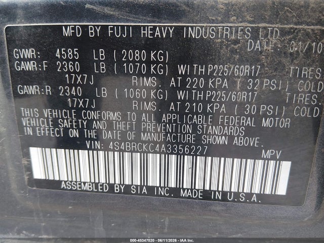 Продажа на аукционе авто 2010 Subaru Outback 2.5i Limited, vin: 4S4BRCKC4A3356227, номер лота: 45347020