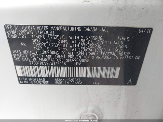 Aukcja sprzedaży 2014 Toyota Rav4 Limited, vin: 2T3DFREV9EW172118, numer aukcji: 45347028