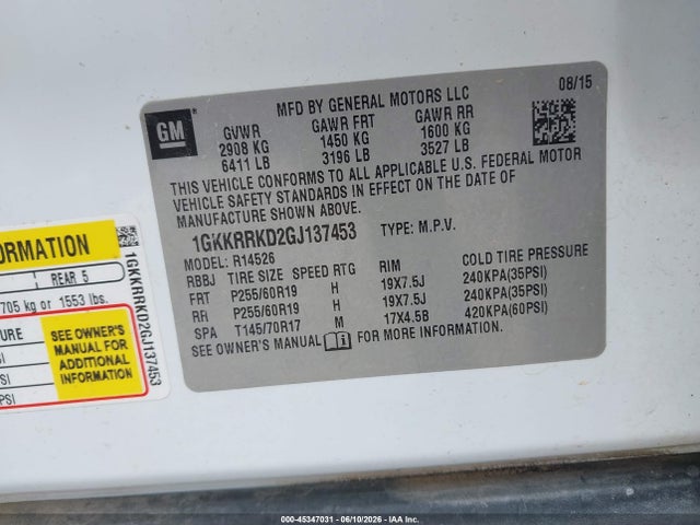 45347031 :رقم المزاد ، 1GKKRRKD2GJ137453 vin ، 2016 Gmc Acadia Slt-1 مزاد بيع
