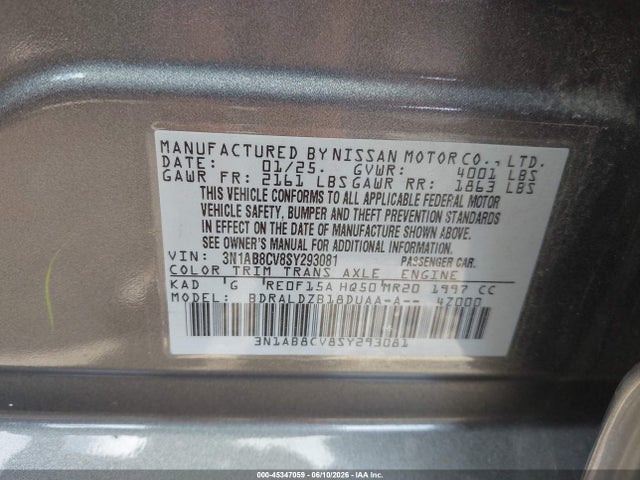 Продаж на аукціоні авто 2025 Nissan Sentra Sv, vin: 3N1AB8CV8SY293081, номер лоту: 45347059